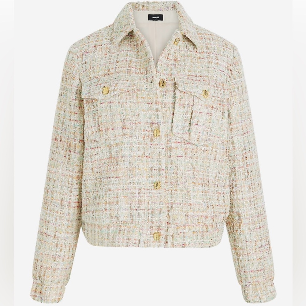 Sequin Tweed Novelty Button Cropped Bomber Jacket - Picture 5 of 8